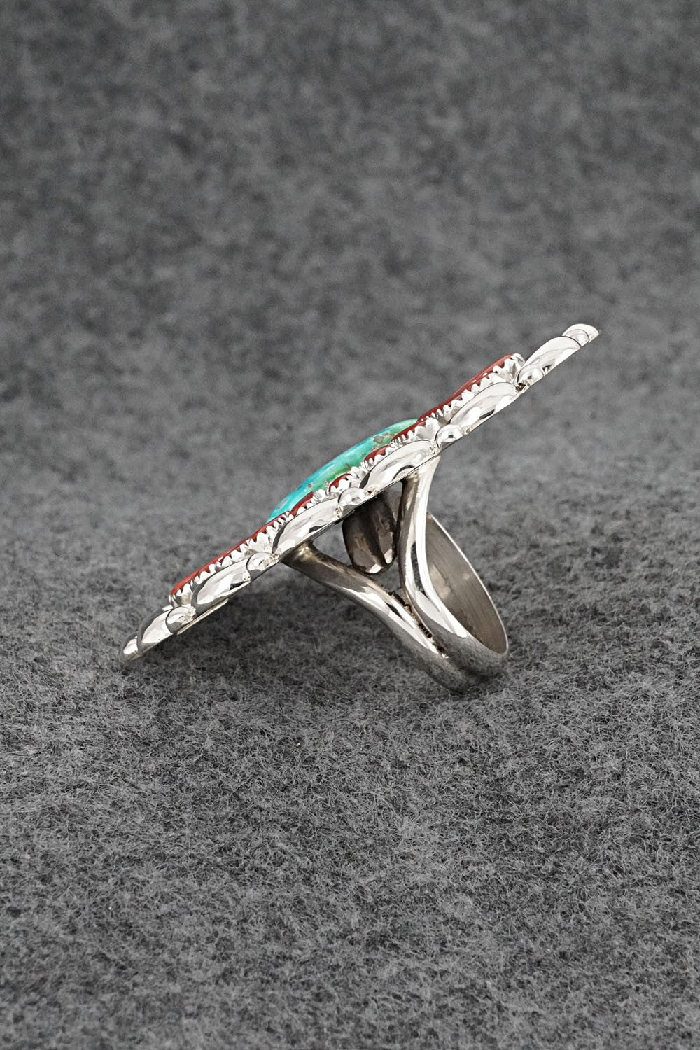 Turquoise, Coral & Sterling Silver Ring - Kyle Wilson - Size 7 Adjustable