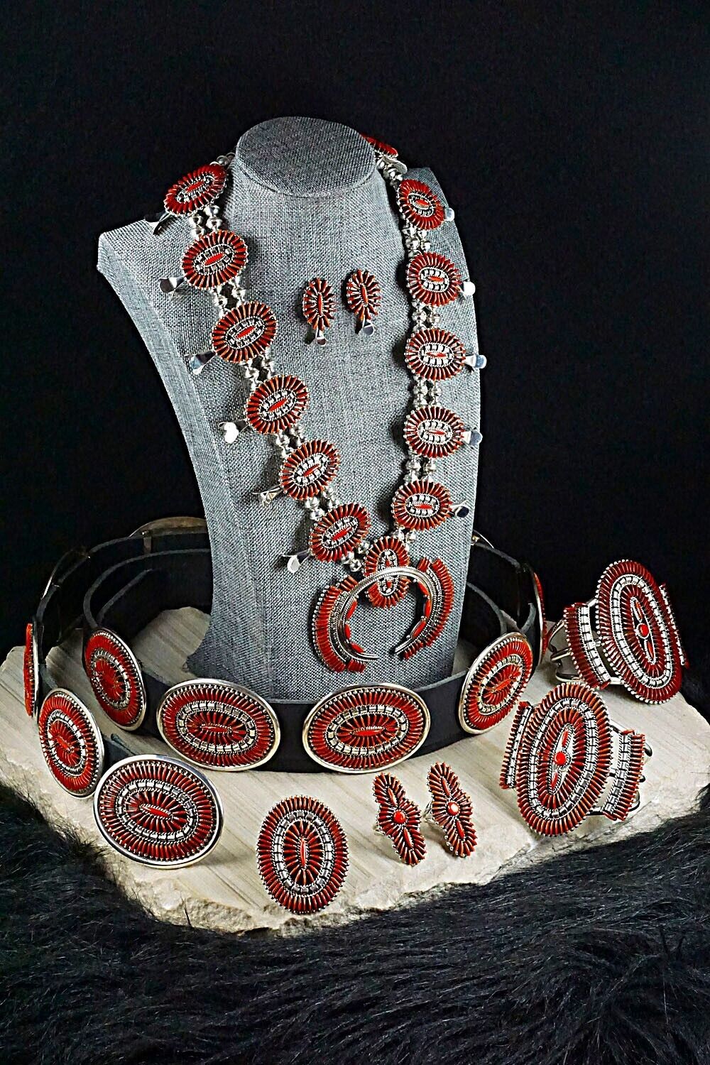Coral & Sterling Silver Squash Blossom Set - Edmund Cooeyate