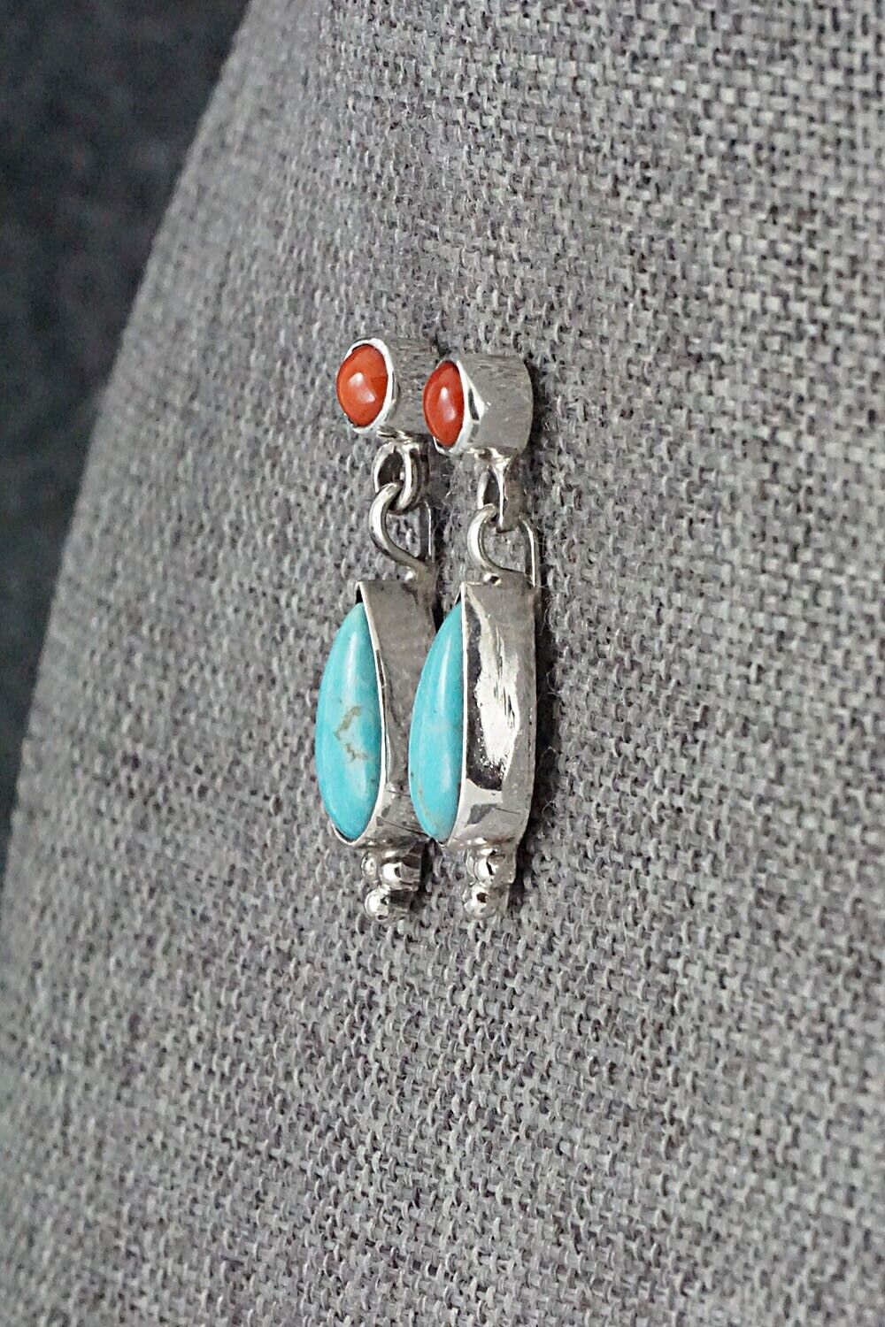 Turquoise, Coral and Sterling Silver Earrings - Gary Shorty