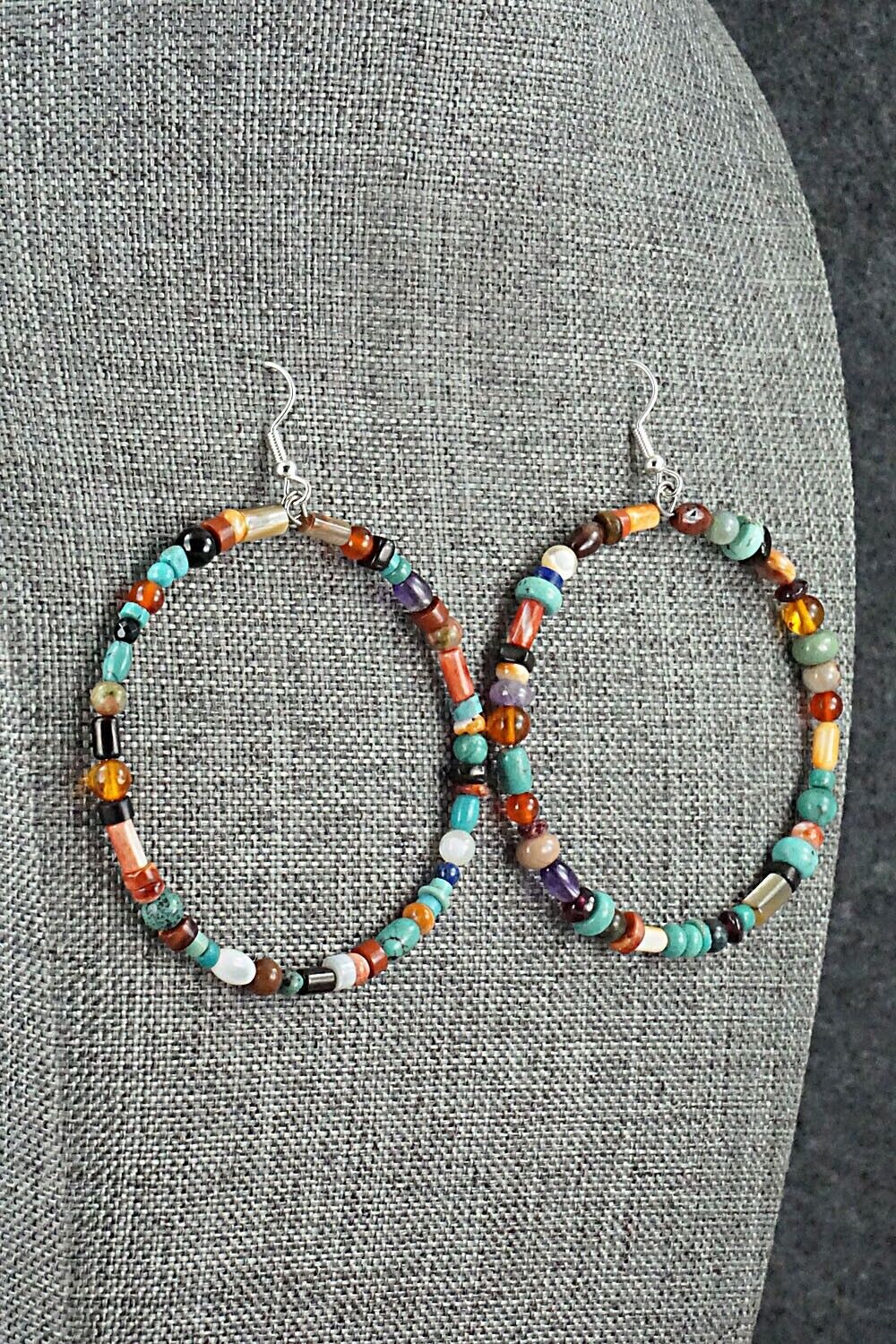 Multi Stone & Sterling Silver Hoop Earrings - Helen Tsosie