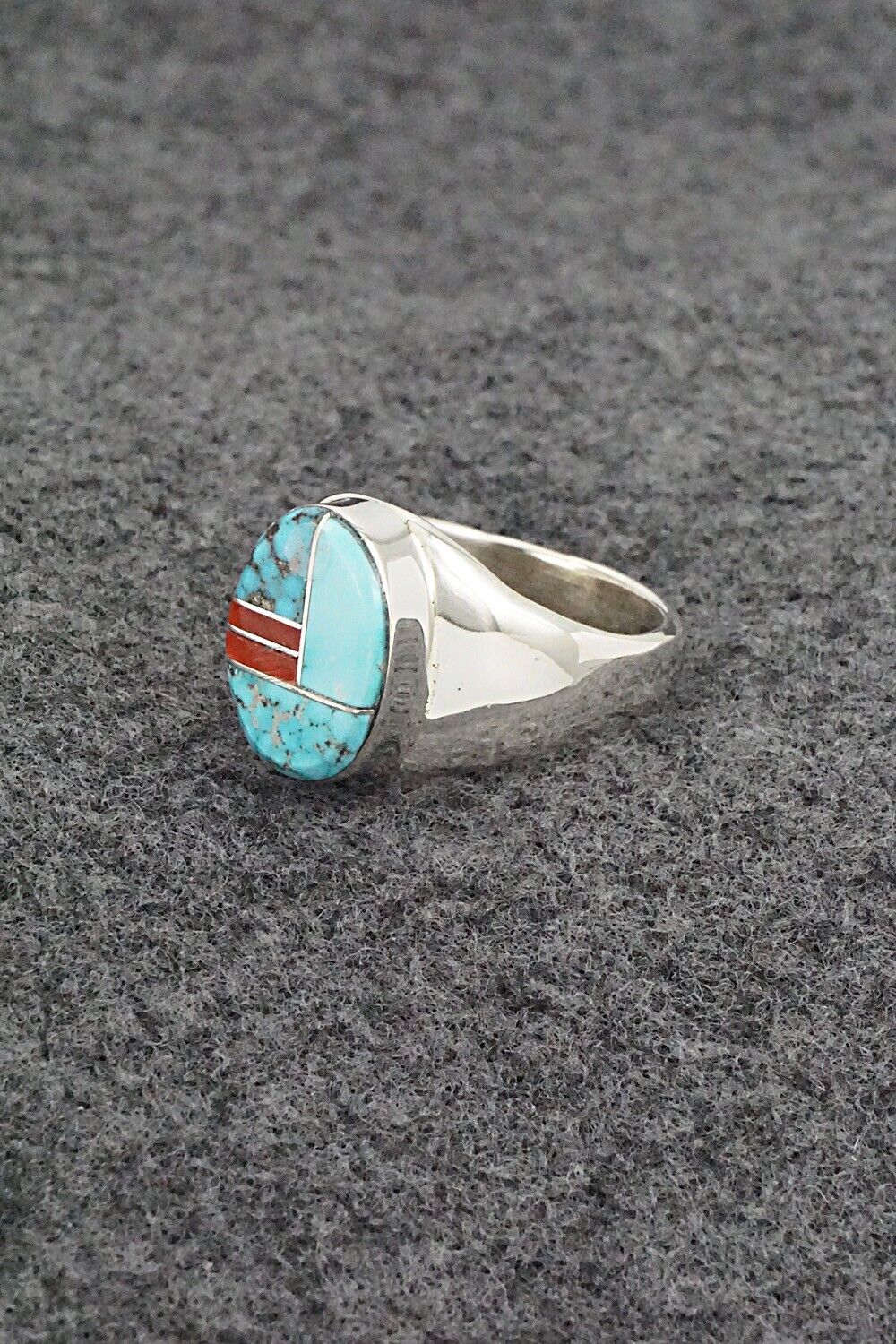 Turquoise, Coral & Sterling Silver Ring - Patrick Lincoln - Size 9.5