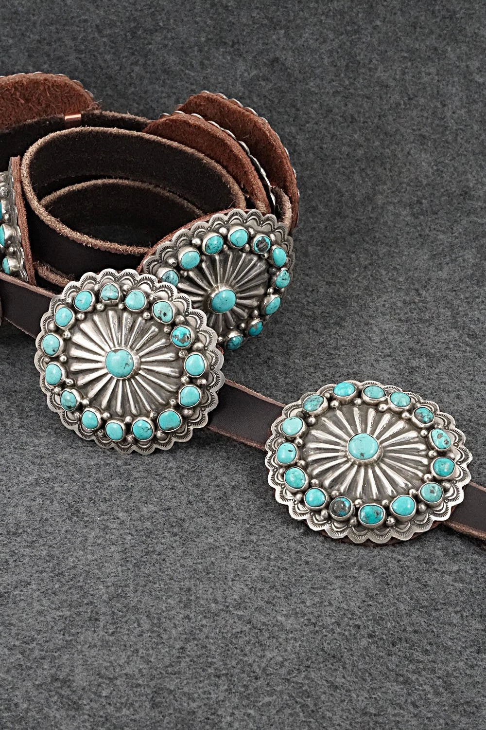Turquoise, Sterling Silver & Leather Concho Belt - Marilyn Ramone