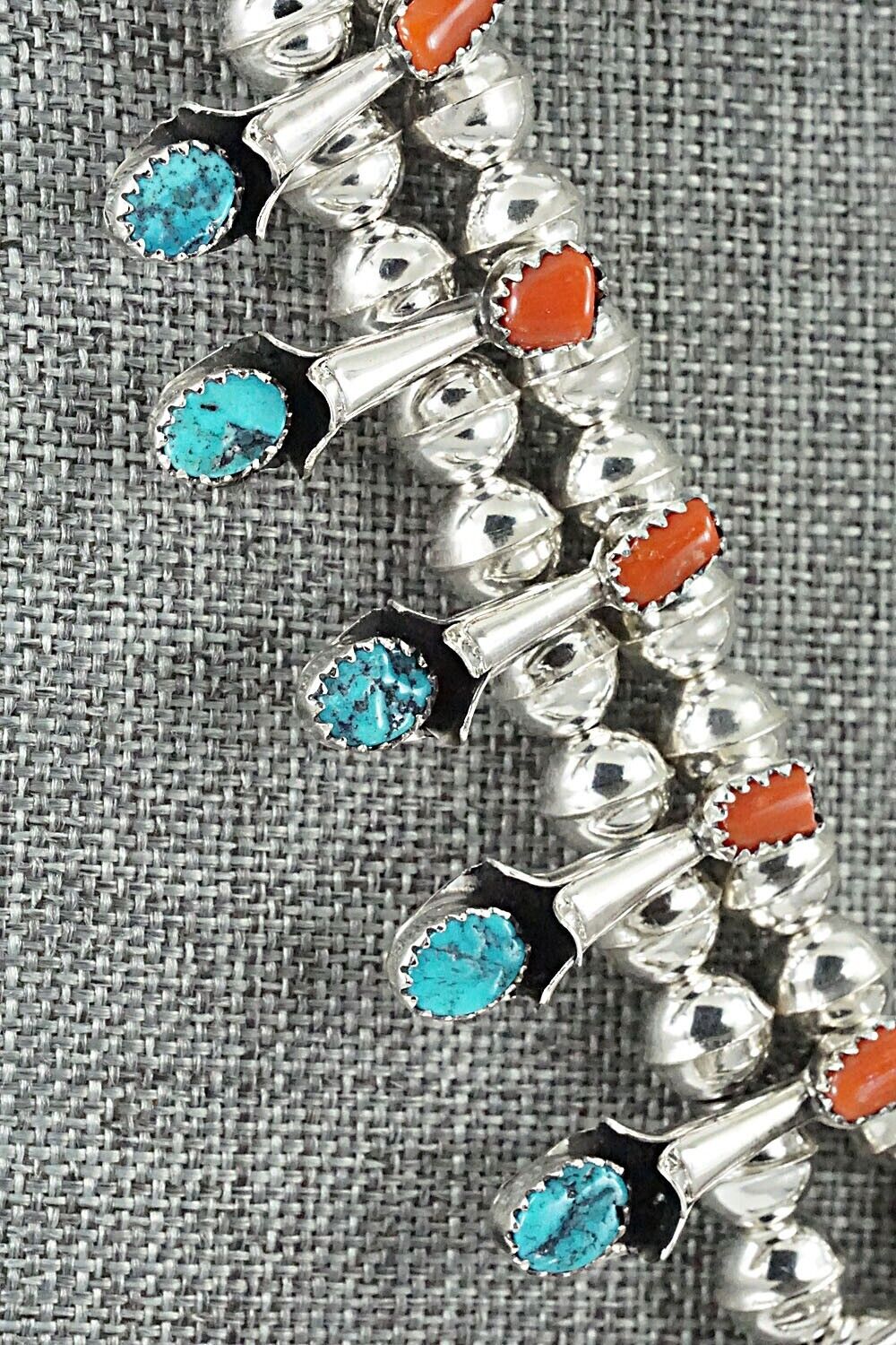 Turquoise, Coral & Sterling Silver Squash Blossom Set - Phil Garcia