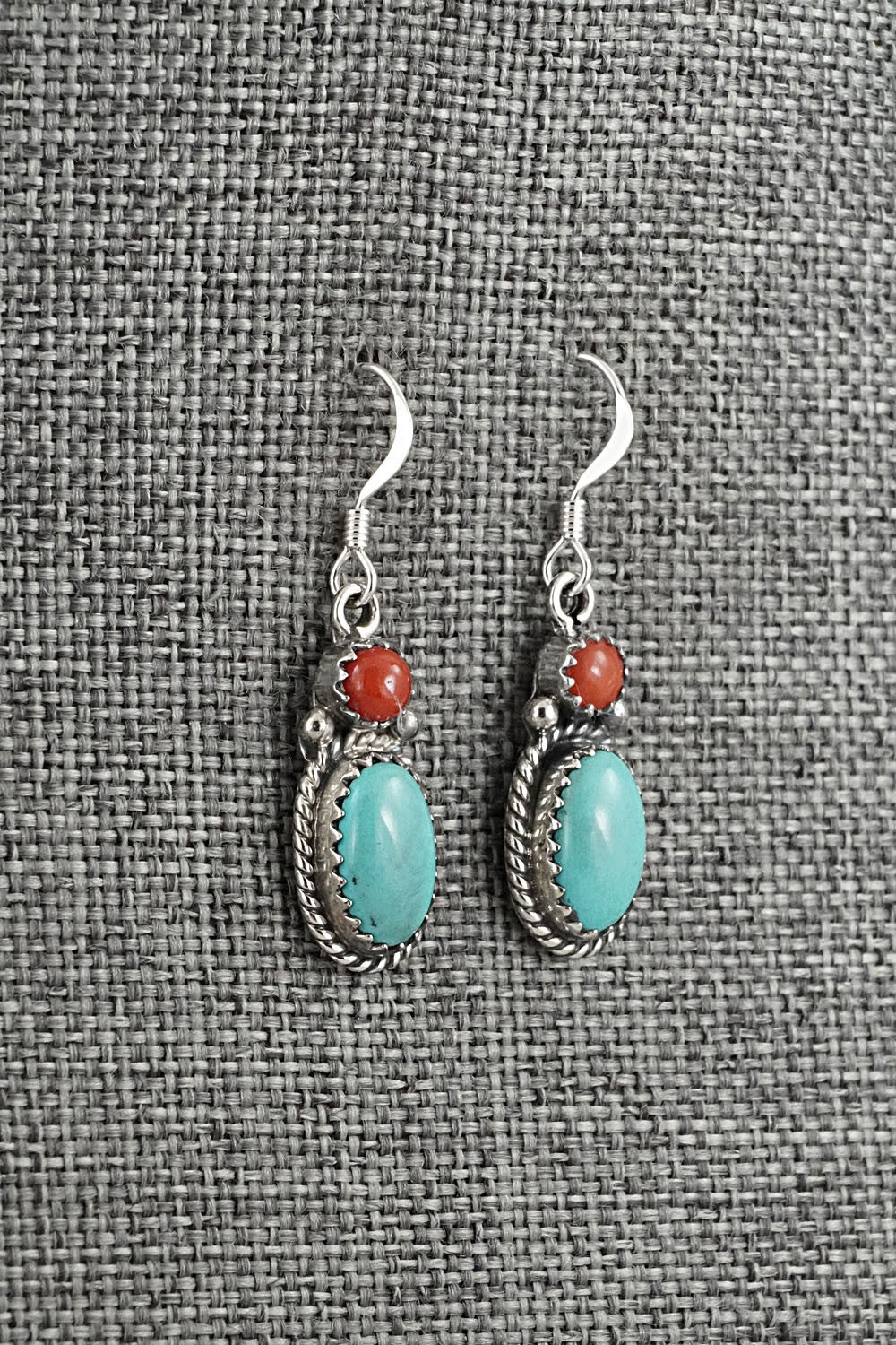 Turquoise, Coral & Sterling Silver Earrings - Verley Betone