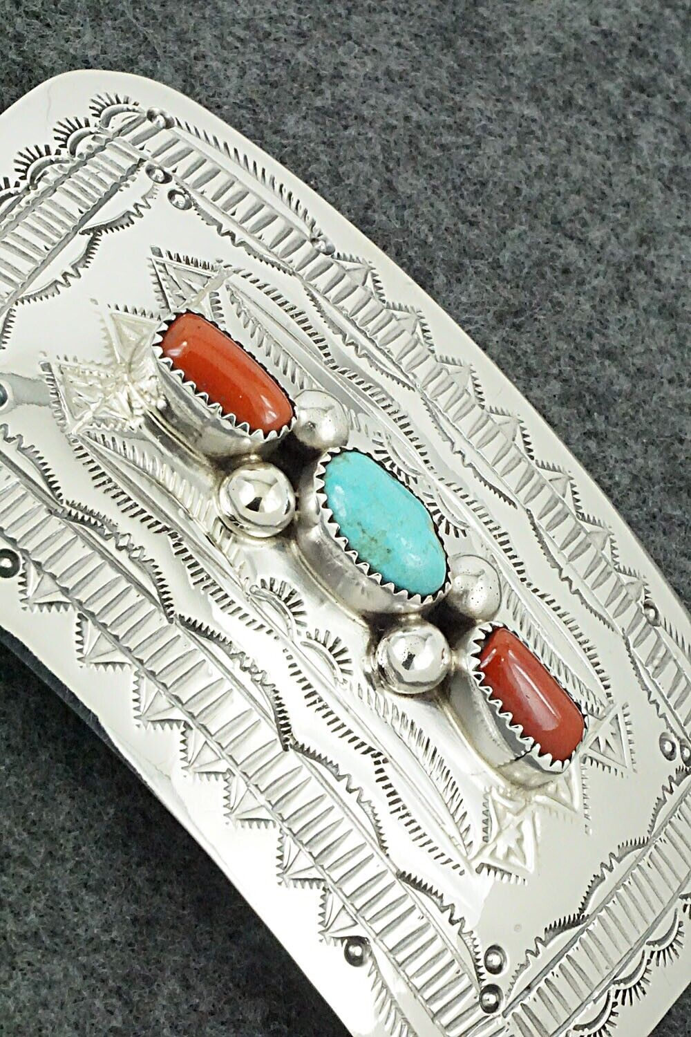 Turquoise, Coral & Sterling Silver Belt Buckle - Wilbur Myers