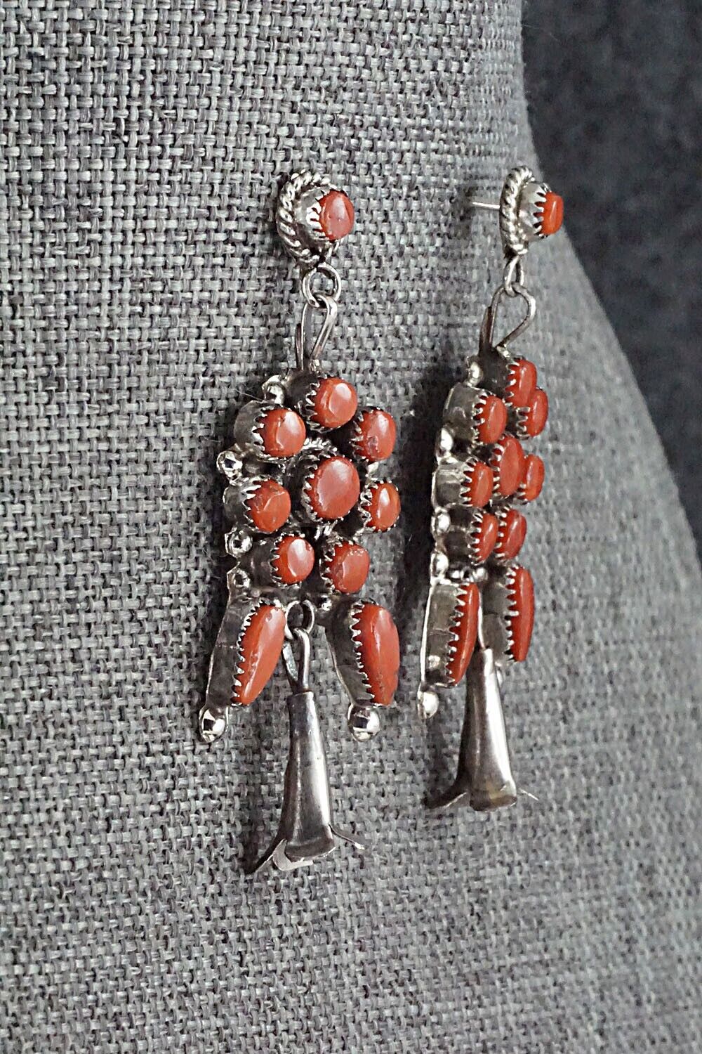 Coral & Sterling Silver Squash Blossom and Earrings Set - Viola Bobelu