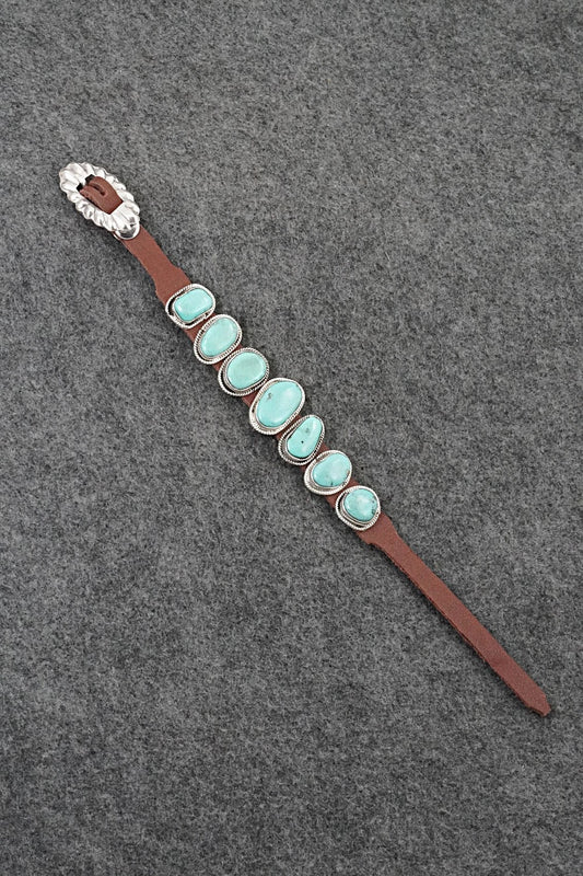 Turquoise, Sterling Silver & Leather Bracelet - Marlene Ramone