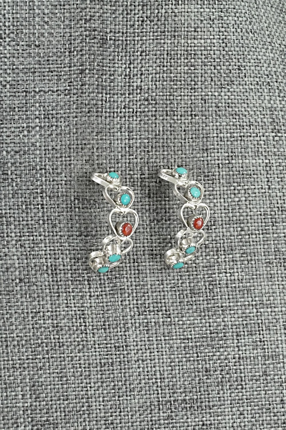 Turquoise, Coral & Sterling Silver Earrings - Hazel Pablito
