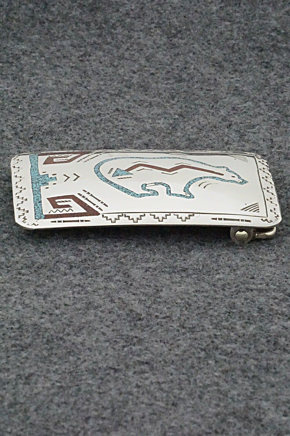 Turquoise, Coral Chip Inlay & Sterling Silver Belt Buckle - Raymond Begay