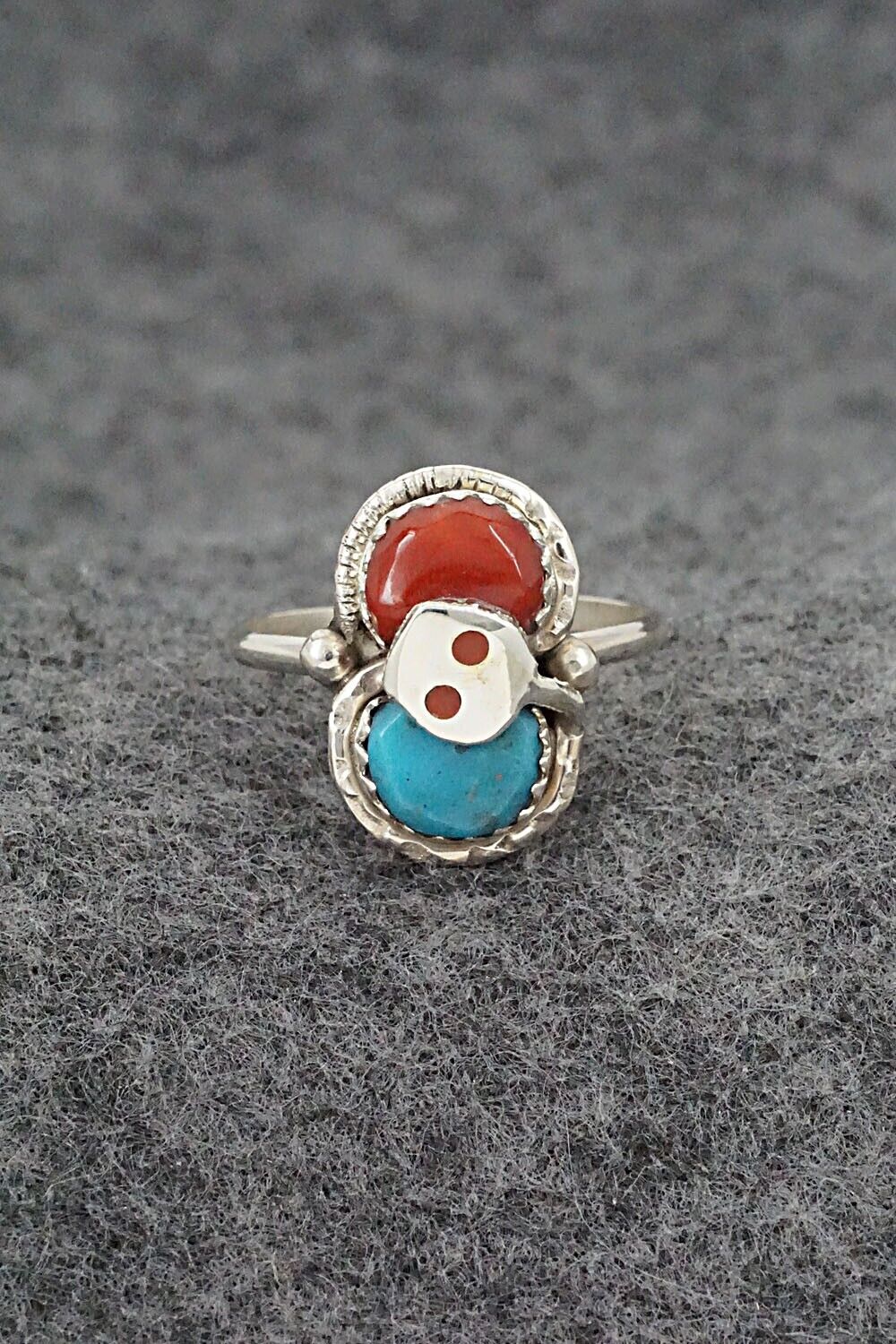 Turquoise, Coral & Sterling Silver Ring - Joy Calavaza - Size 8.5