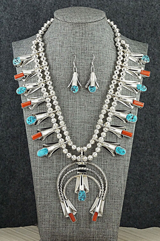 Turquoise, Coral & Sterling Silver Squash Blossom Set - Louise Yazzie