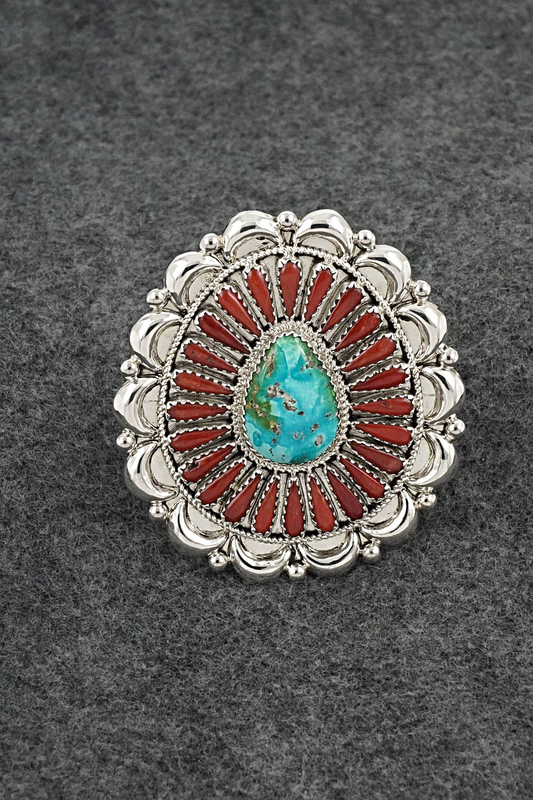 Turquoise, Coral & Sterling Silver Ring - Kyle Wilson - Size 7 Adjustable