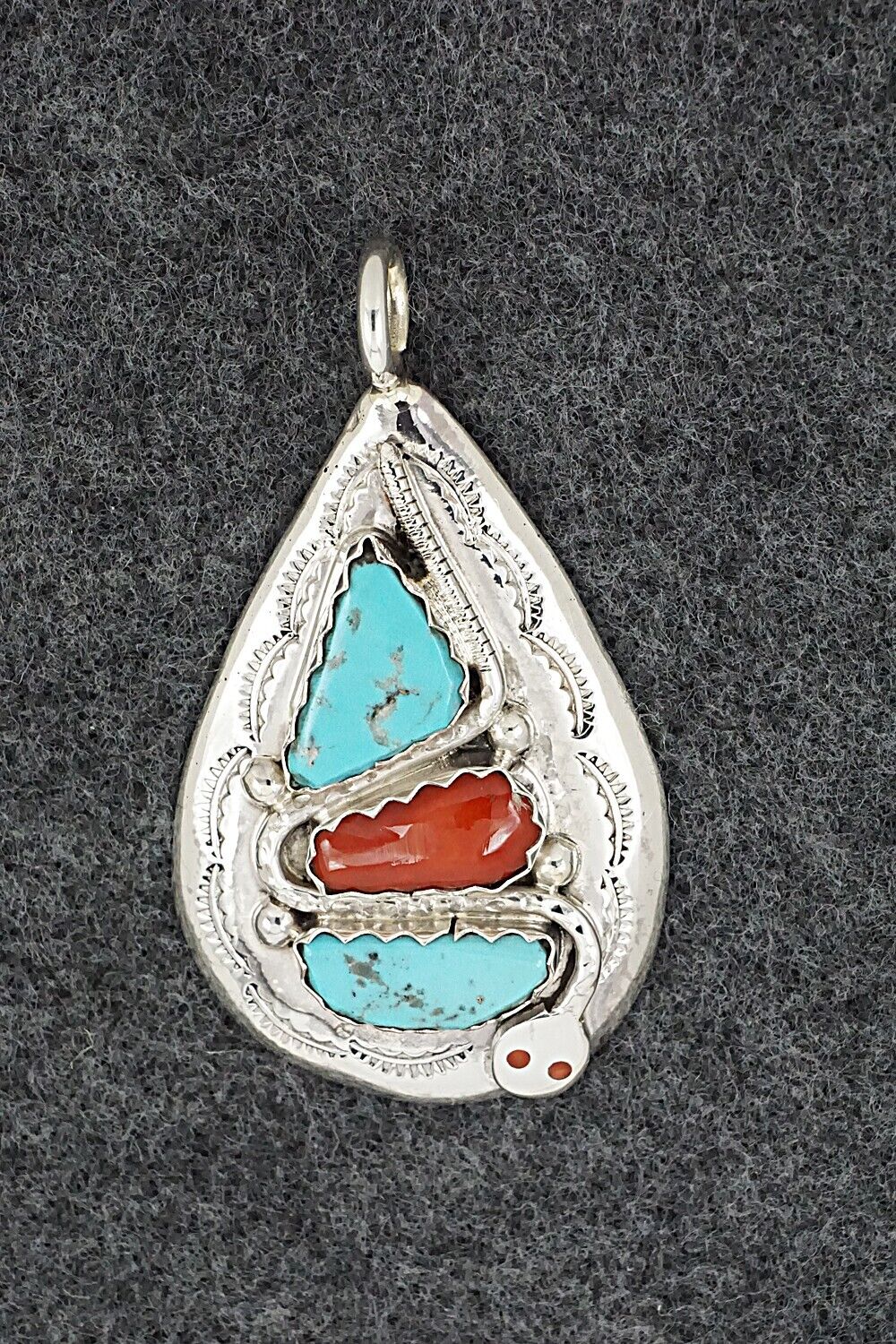 Turquoise, Coral and Sterling Silver Pendant - Joy Calavaza