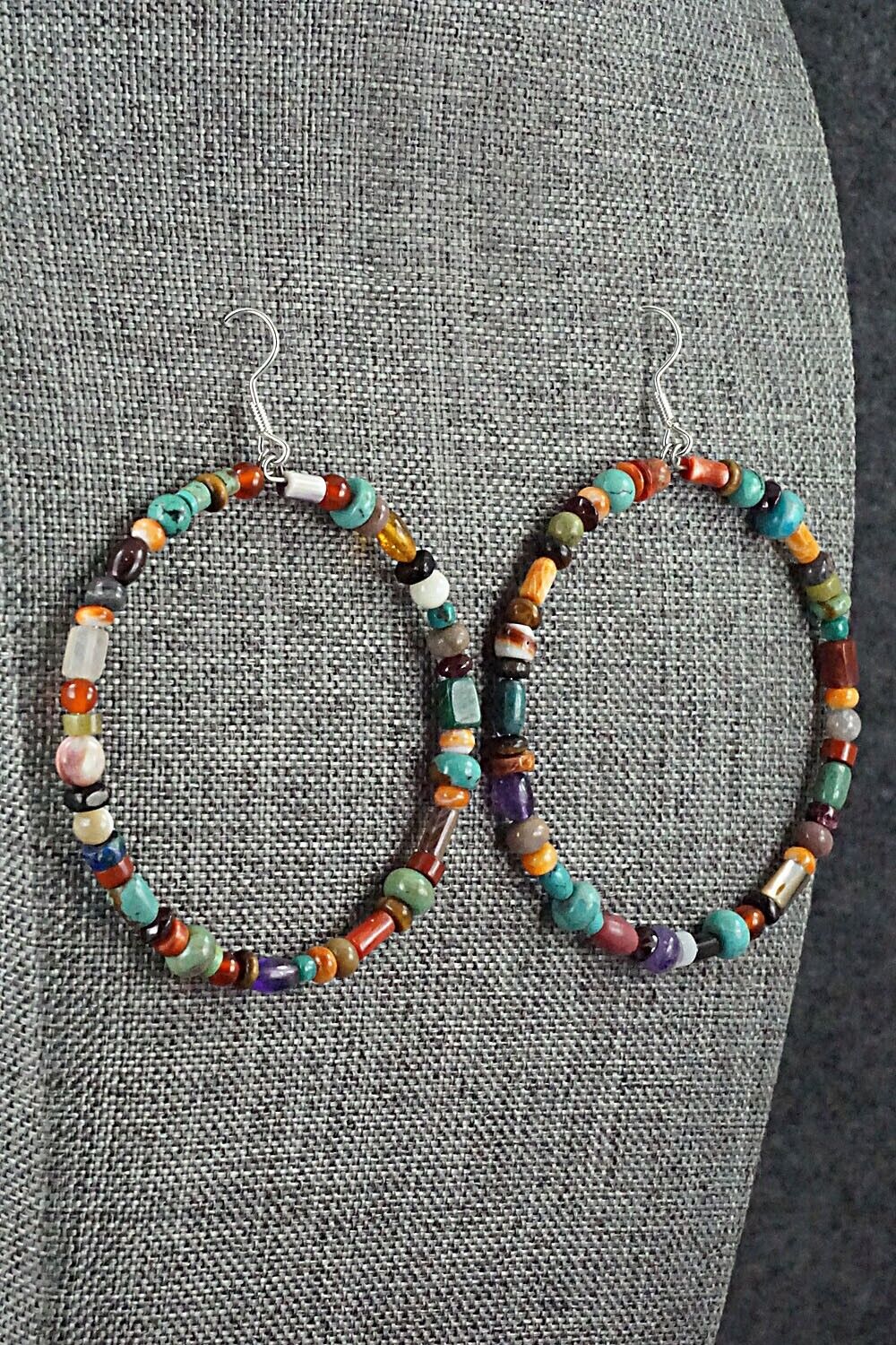 Multi Stone & Sterling Silver Hoop Earrings - Helen Tsosie