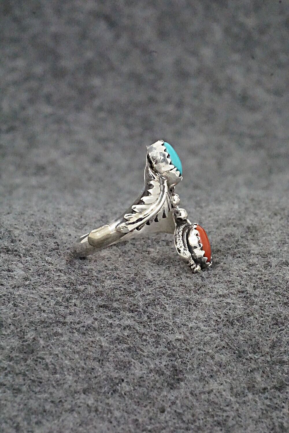 Turquoise, Coral & Sterling Silver Ring - Etta Belin - Size 7