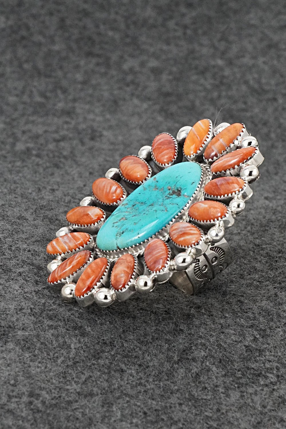 Turquoise, Spiny Oyster & Sterling Silver Ring - Anthony Brown - Size 10