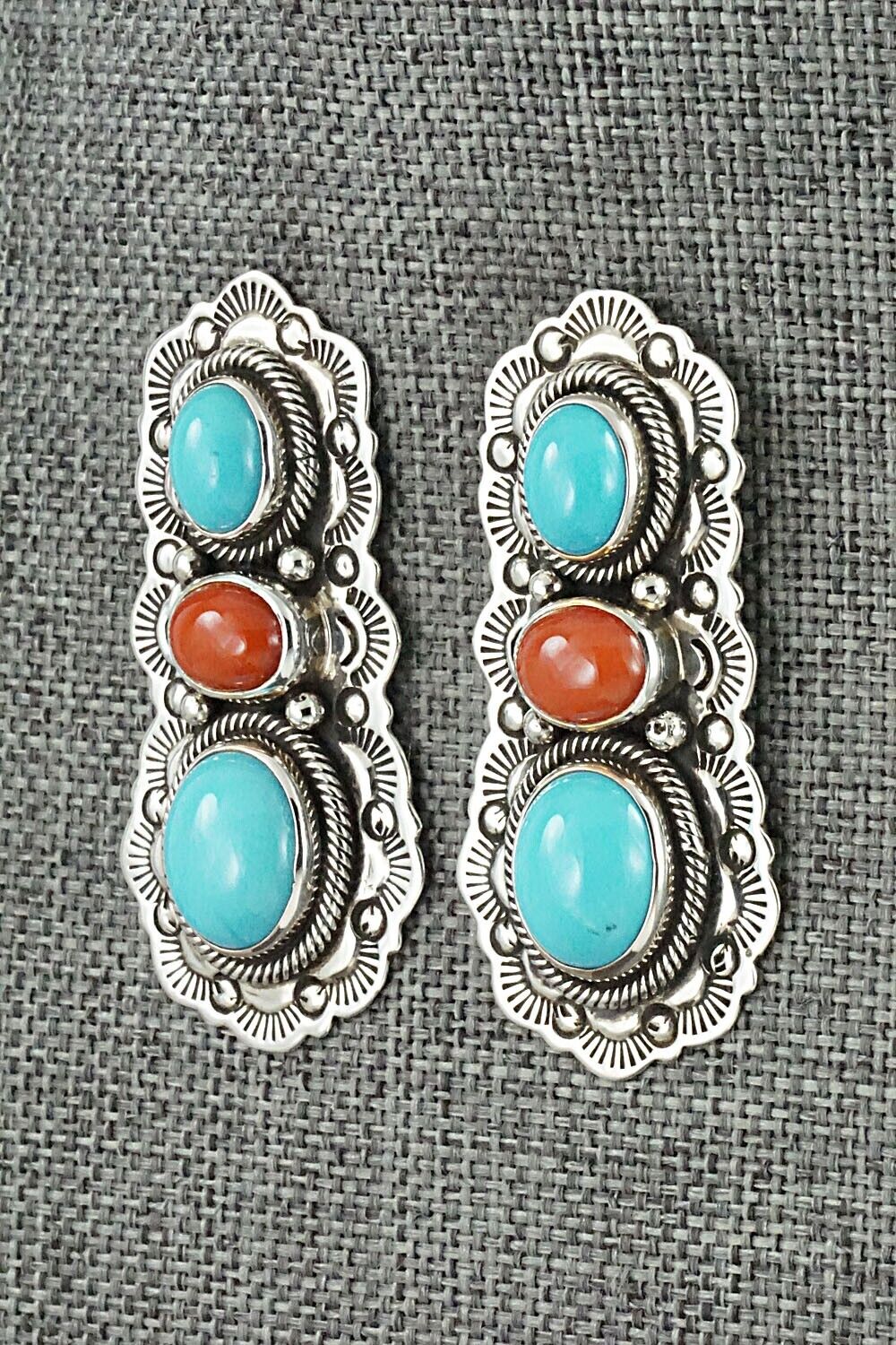 Turquoise, Coral & Sterling Silver Earrings - Bernyse Chavez