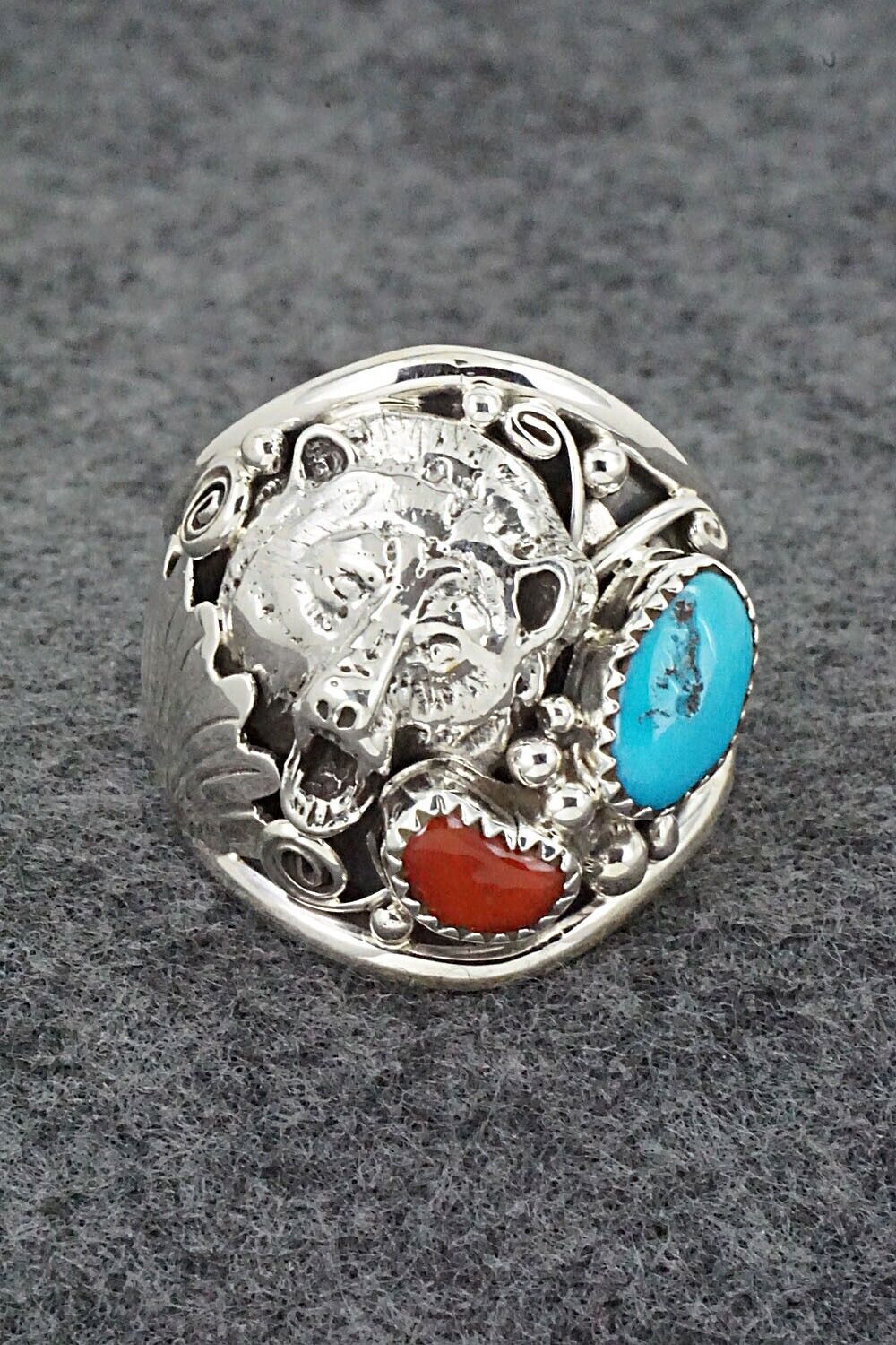 Turquoise, Coral & Sterling Silver Ring - Jeannette Saunders - Size 14
