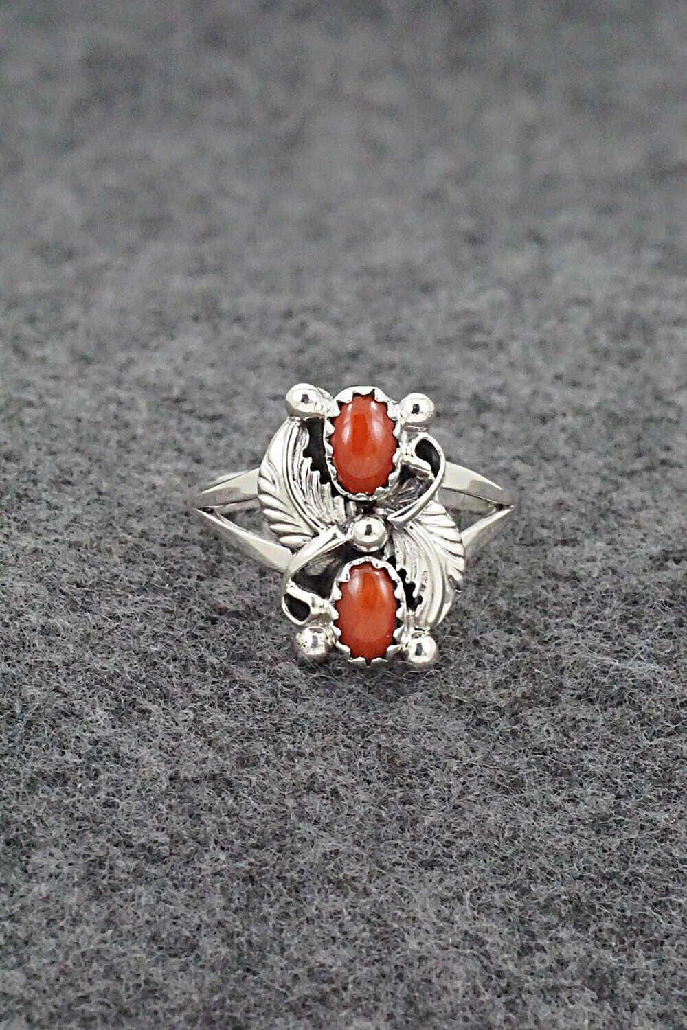 Coral & Sterling Silver Ring - Judy Largo - Size 7.5