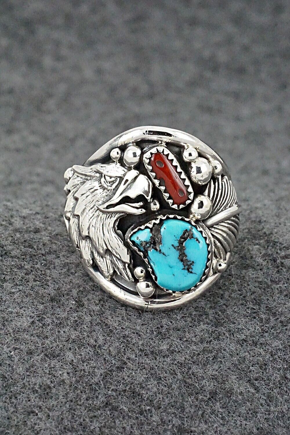 Turquoise, Coral & Sterling Silver Ring - Jeannette Saunders - Size 13