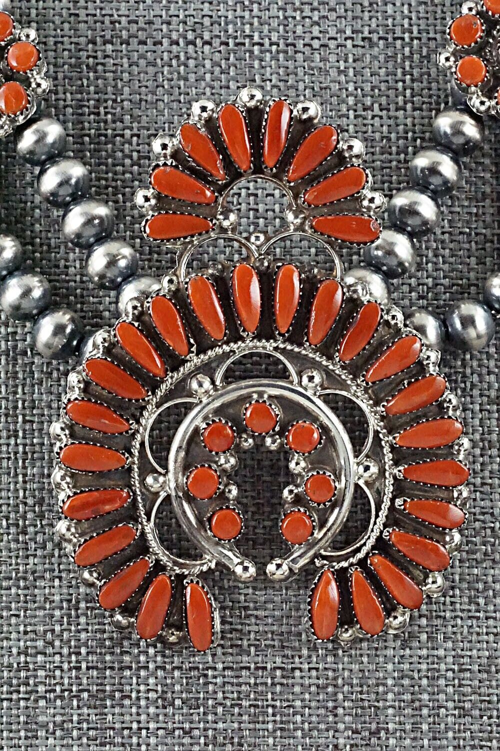 Coral & Sterling Silver Squash Blossom and Earrings Set - Viola Bobelu