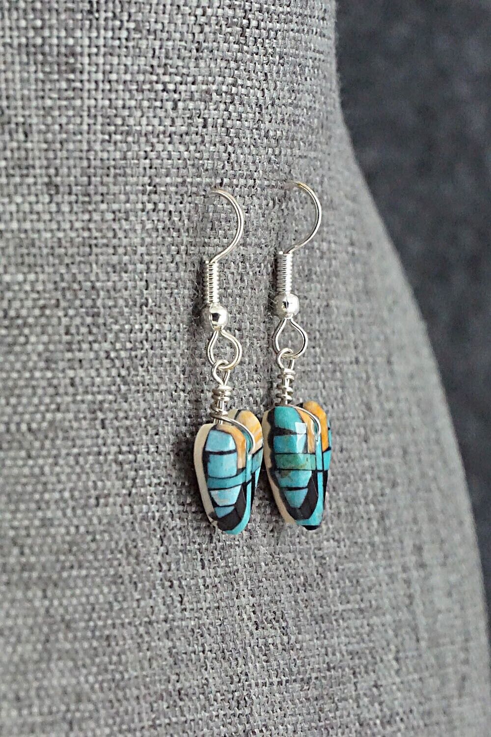 Turquoise, Spiny Oyster, Onyx & Sterling Silver Earrings - Joe Reano