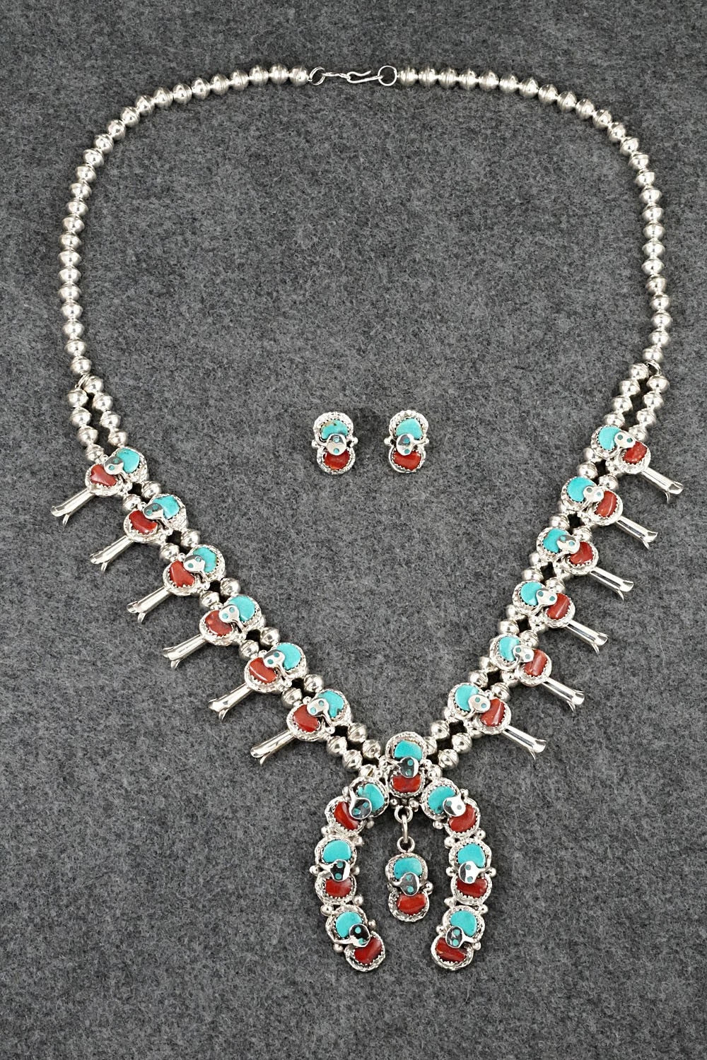 Turquoise, Coral & Sterling Silver Squash Blossom Set - Gayle Calavaza
