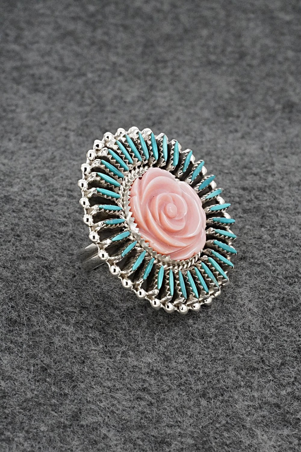 Turquoise, Pink Conch & Sterling Silver Ring - Roland Francisco - Size Adj.