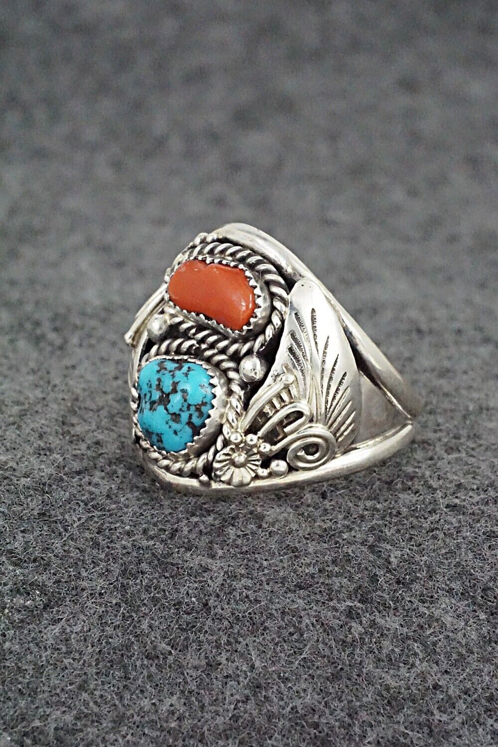 Turquoise, Coral & Sterling Silver Ring - Leonard Spencer - Size 12