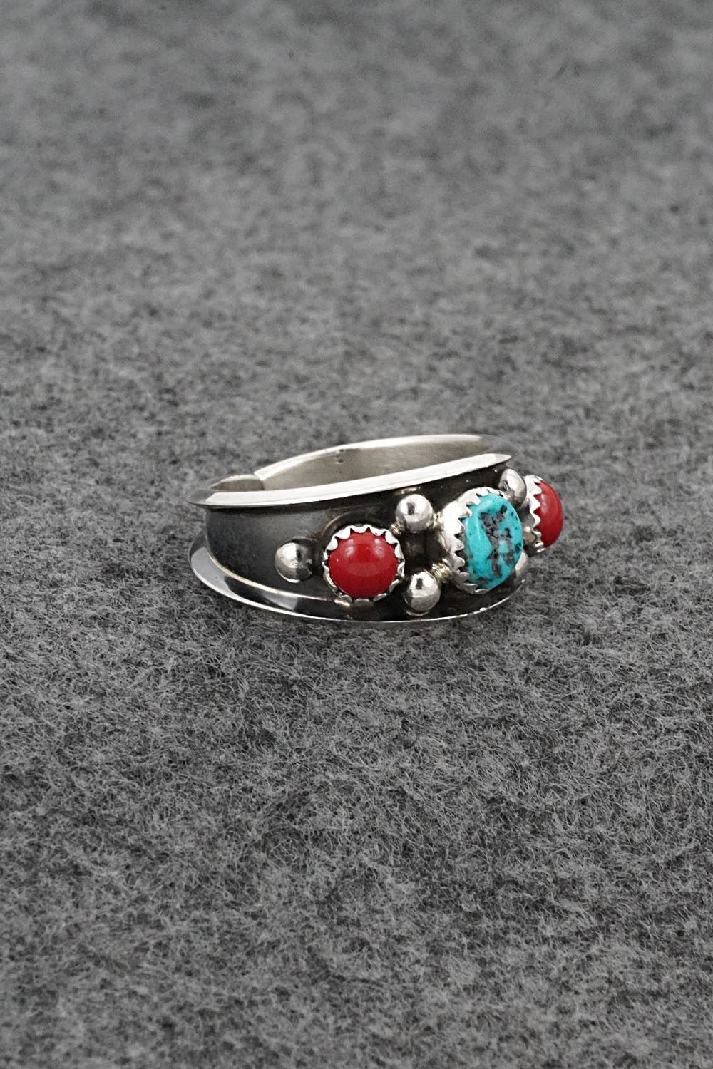 Turquoise, Coral & Sterling Silver Ring - Paul Largo - Size 10