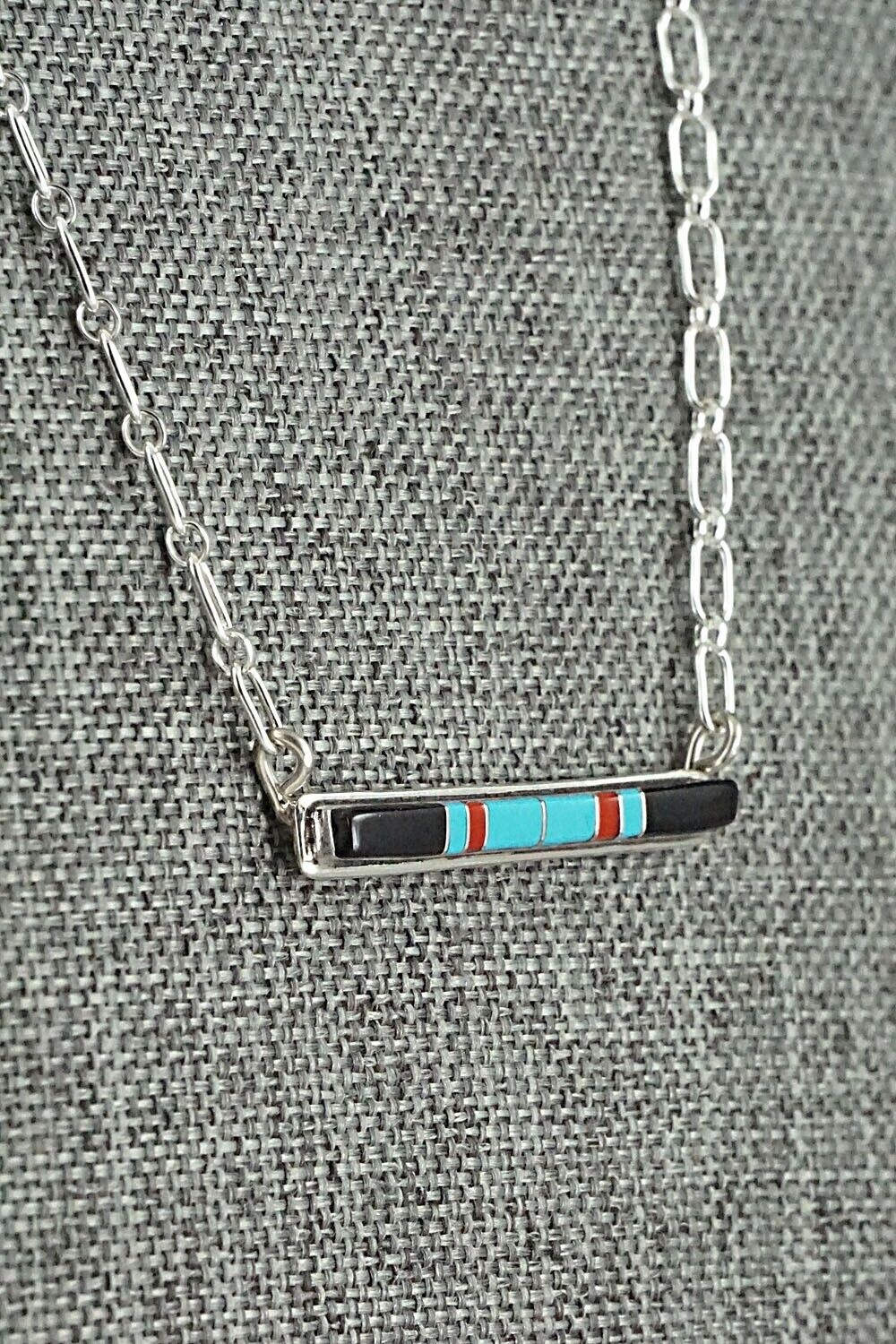 Turquoise, Coral, Onyx & Sterling Silver Inlay Necklace - Roland Natachu