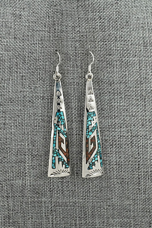 Turquoise, Coral Chip & Sterling Silver Earrings - Joleen Yazzie