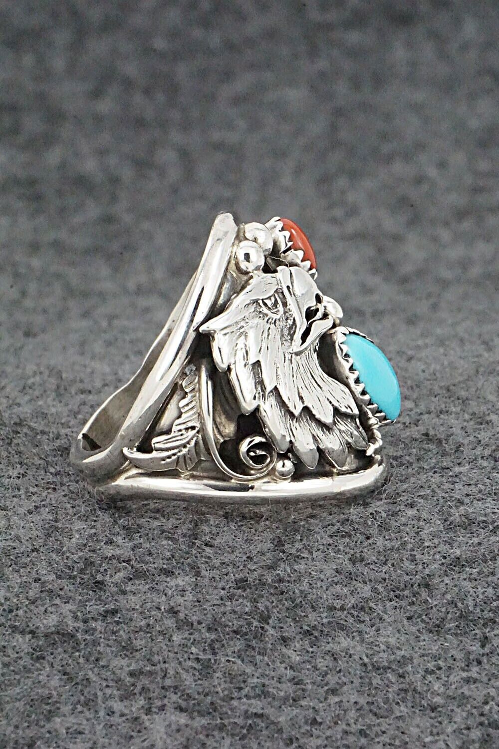 Turquoise, Coral & Sterling Silver Ring - Jeannette Saunders - Size 11