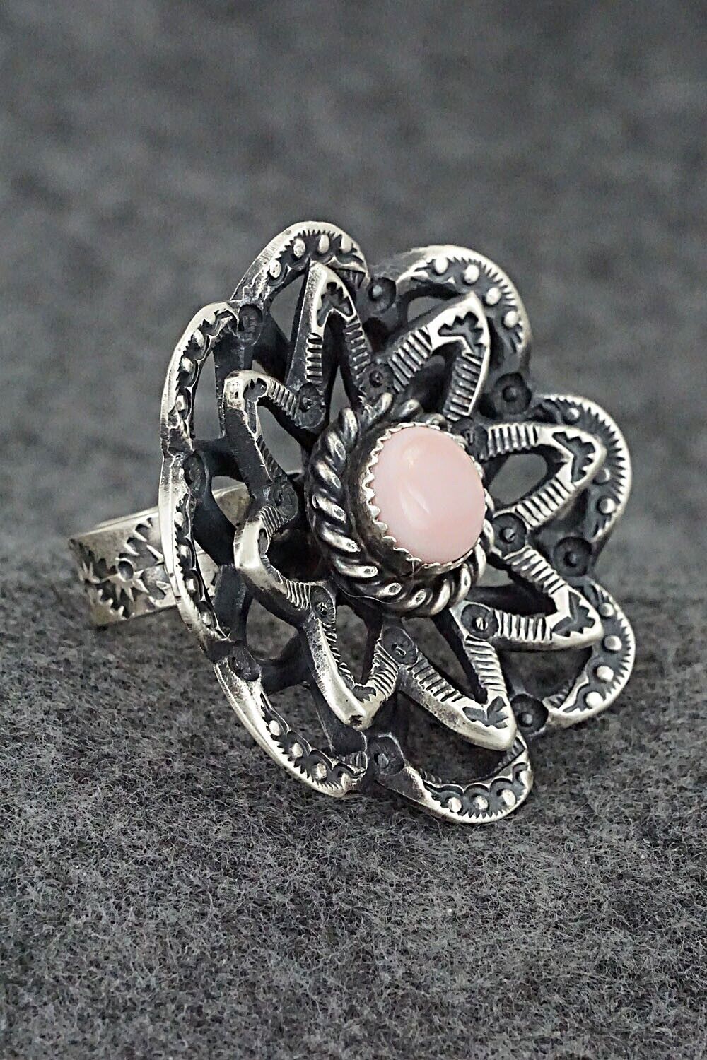 Pink Conch Shell & Sterling Silver Ring - Kevin Billah - Size 8 (Adj)