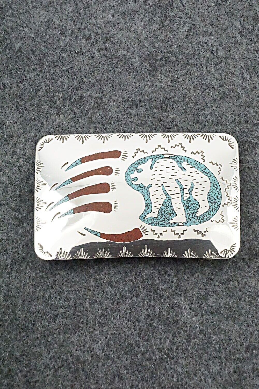 Turquoise, Coral Chip Inlay & Sterling Silver Belt Buckle - Raymond Begay