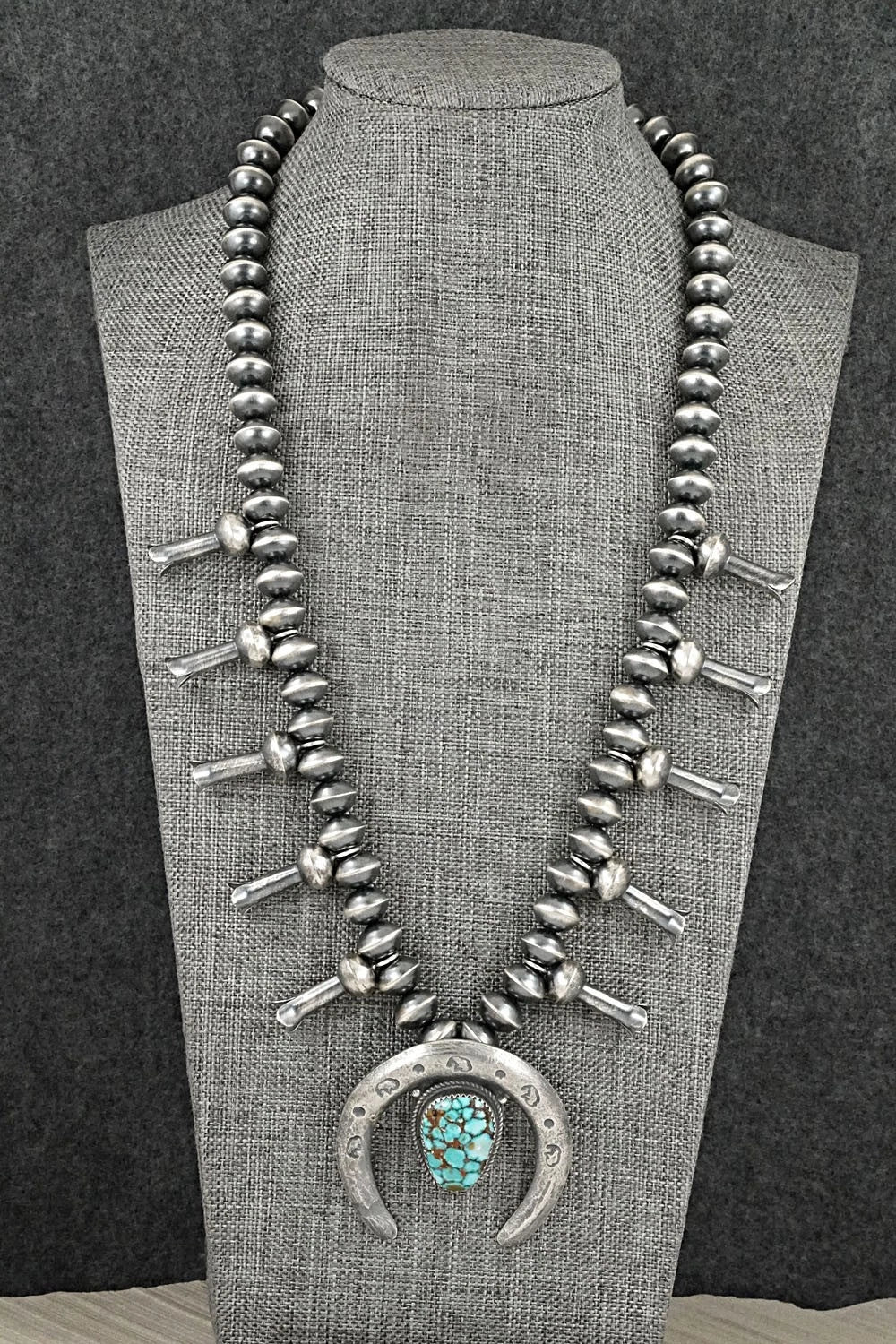 Turquoise & Sterling Silver Navajo Pearl Squash Blossom Necklace - Presley Haley