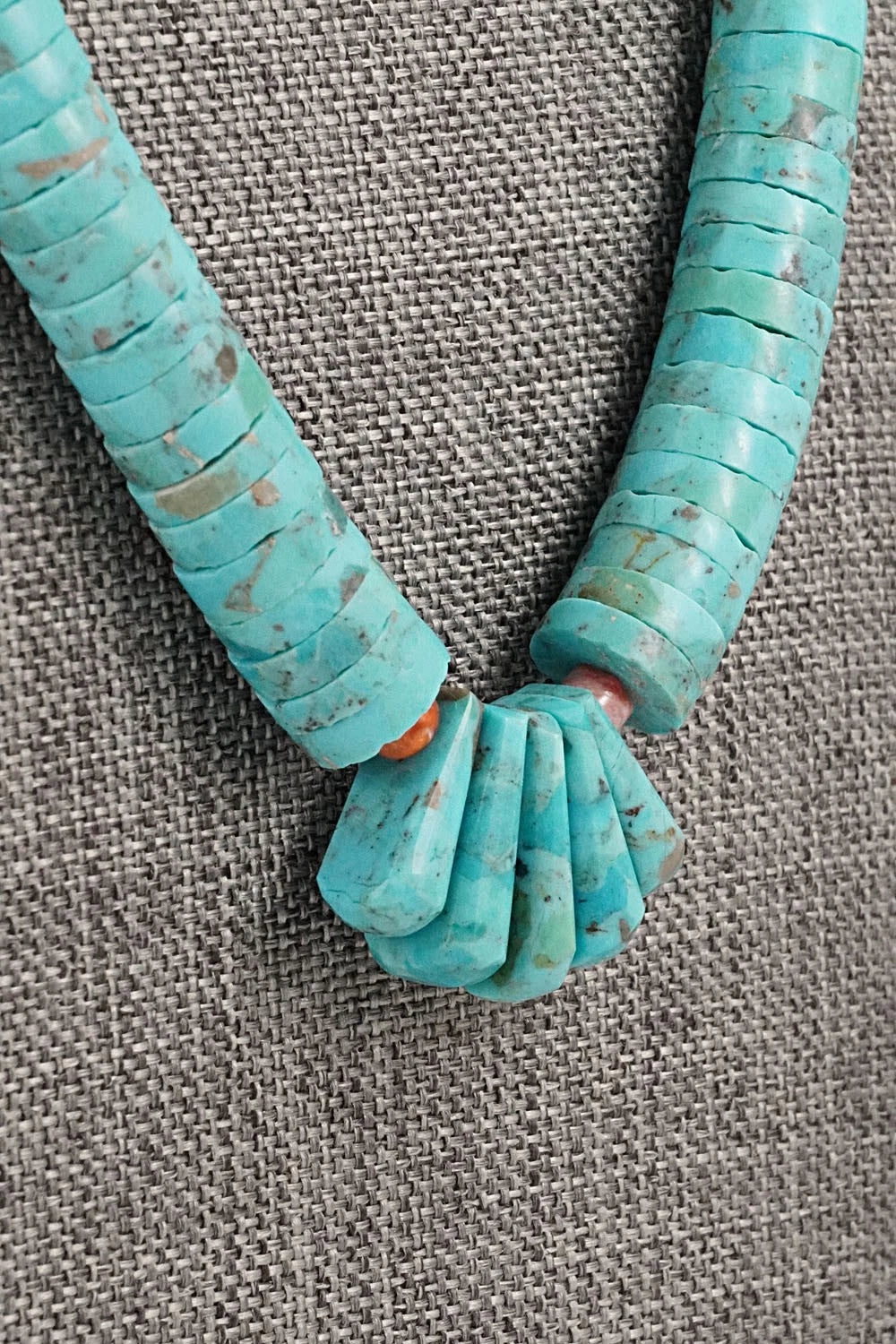 Turquoise, Spiny Oyster & Sterling Silver Necklace 21"- Lupe Lovato