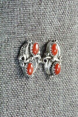 Coral & Sterling Silver Earrings - Adelarae Yazzie