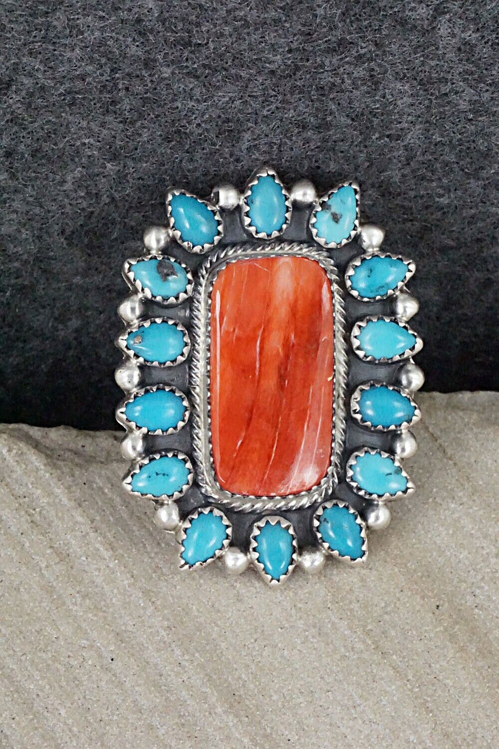 Turquoise, Spiny Oyster & Sterling Silver Ring - Tom Lewis - Size 7.75