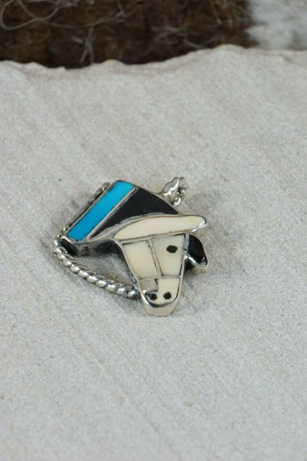 Zuni Turquoise & Mother of Pearl Sterling Silver Horse Pendant - Robbie Zunie - High Lonesome Trading