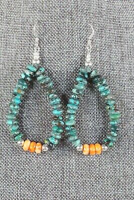 Navajo Turquoise, Spiny Oyster & Sterling Silver Earrings - Native American