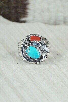 Navajo Turquoise, Coral & Sterling Silver Ring - Jeanette Saunders - Size 8.5