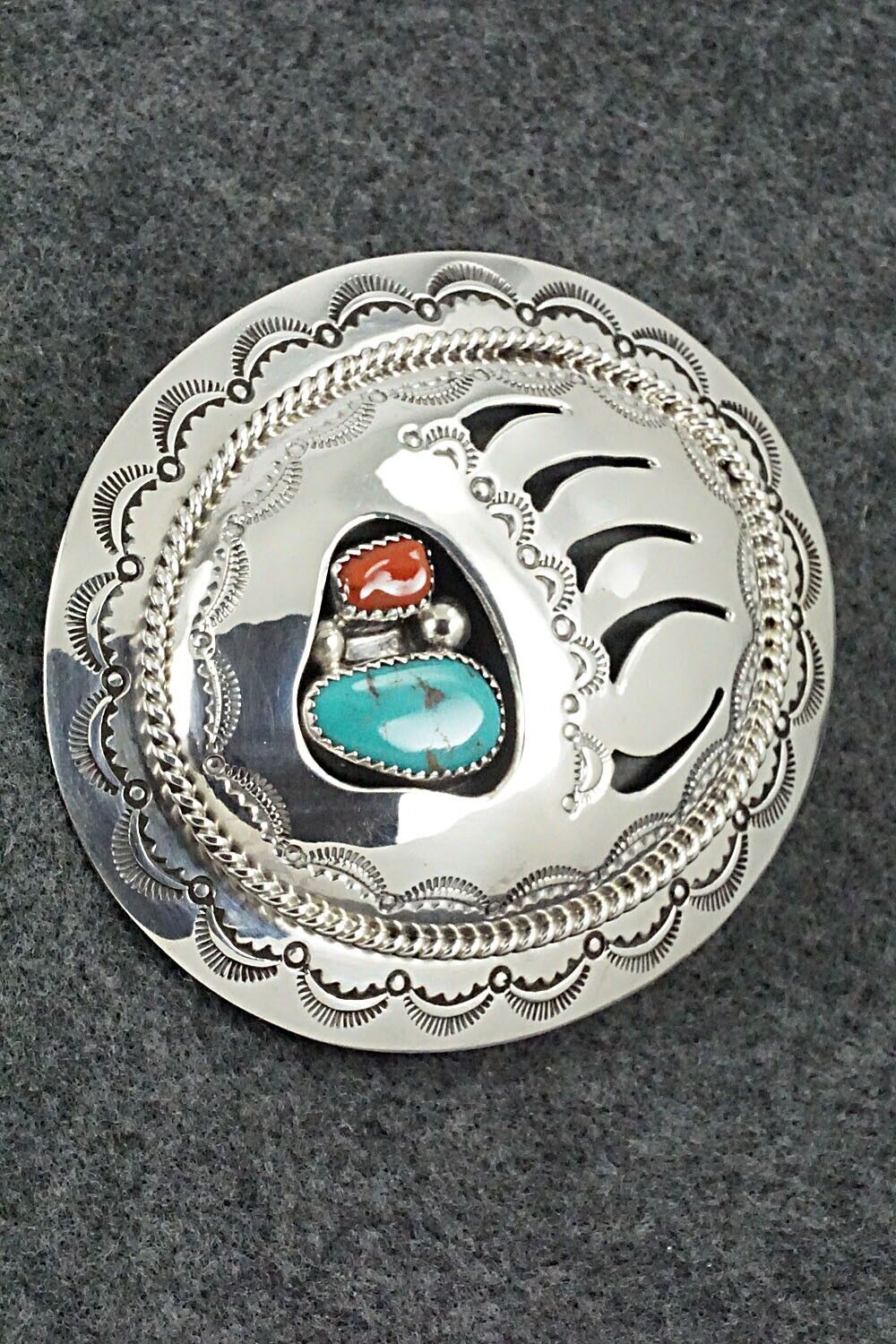 Turquoise, Coral & Sterling Silver Belt Buckle - Wilbert Muskett Sr.