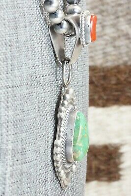 Turquoise, Coral Pendant & Sterling Silver Necklace - Tom Lewis