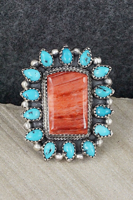 Turquoise, Spiny Oyster & Sterling Silver Ring - Tom Lewis - Size 8.5