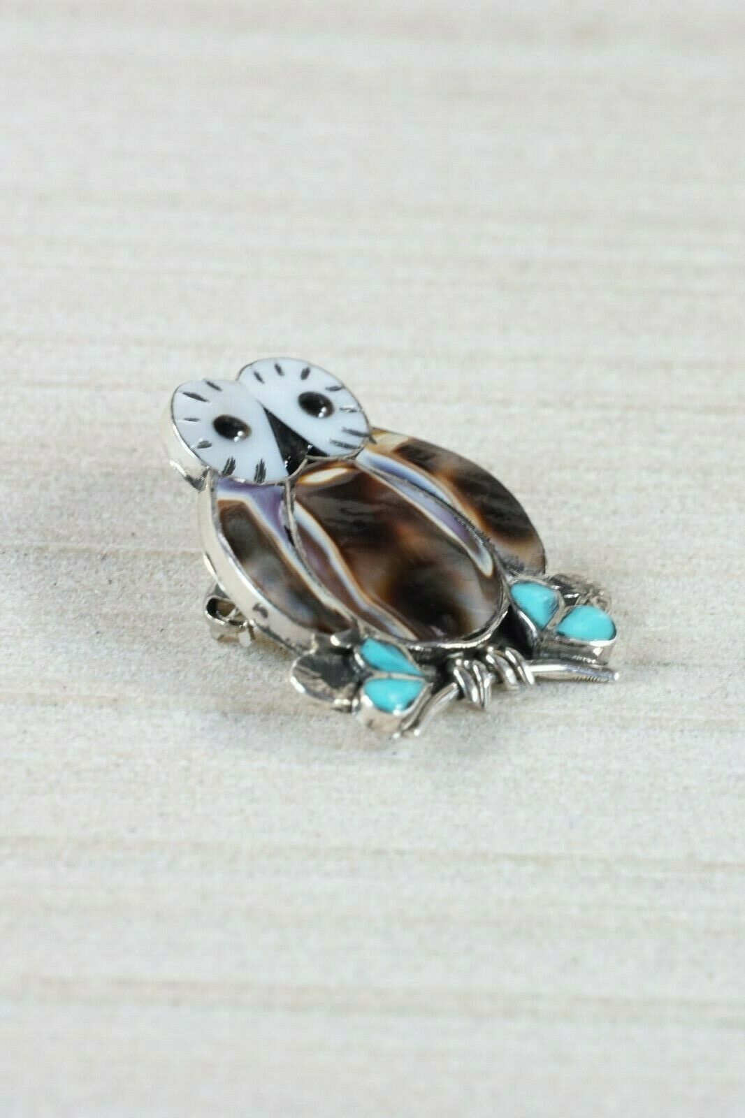 Zuni Owl Mother of Pearl and Sterling Silver Pendant/ Pin - Reginda Kallestewa - High Lonesome Trading
