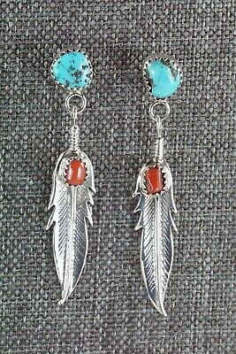 Navajo Turquoise, Coral & Sterling Silver Earrings - Roger Pino
