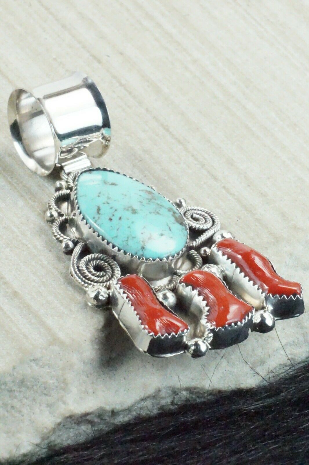 Turquoise, Coral and Sterling Silver Pendant - Shirley Largo