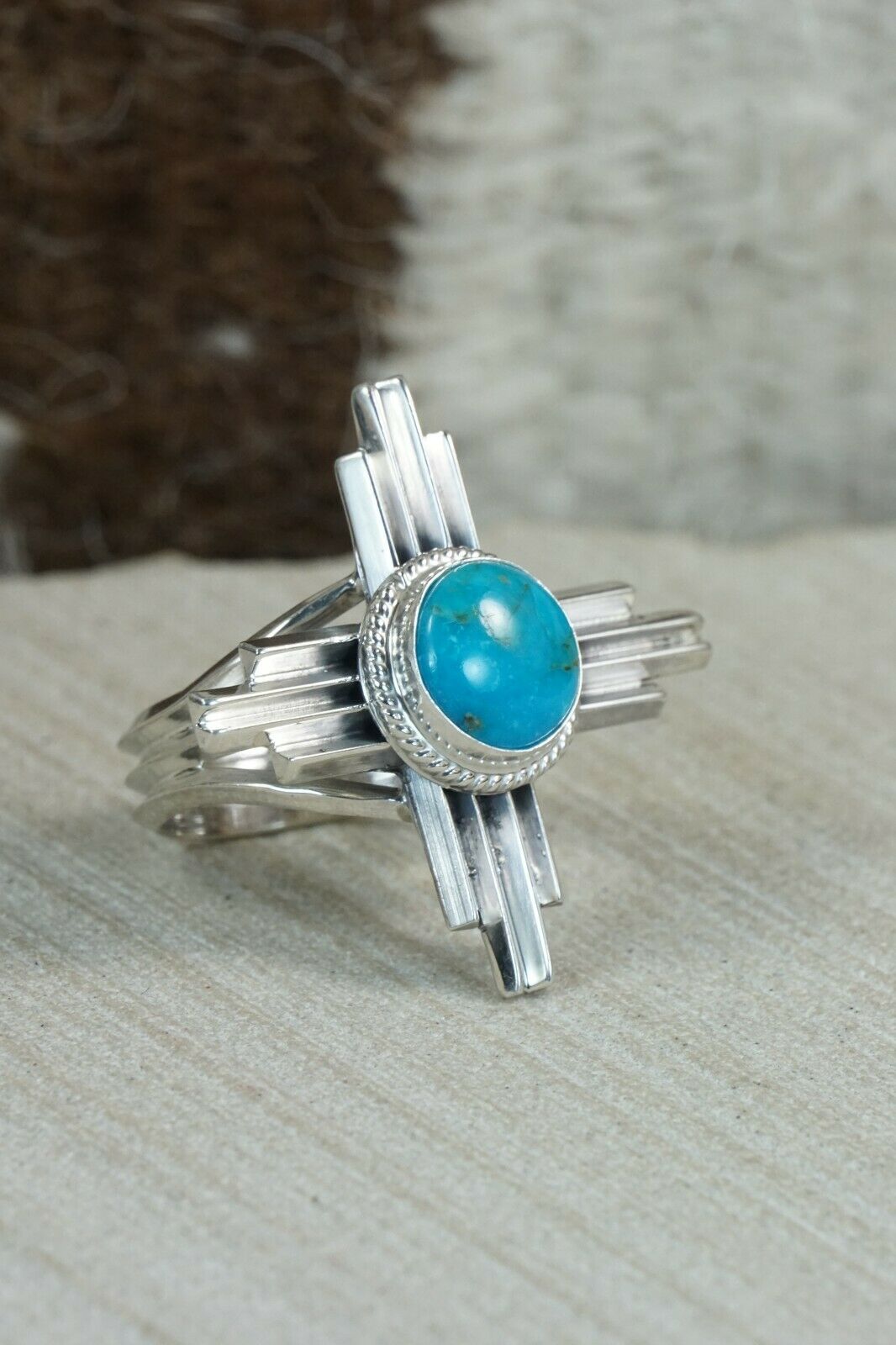 Navajo Turquoise and Sterling Silver Ring - Bobby Platero - Size 7.5