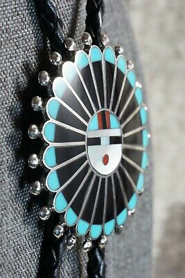 Zuni Turquoise & Sterling Silver Sun Face Bolo Tie - Adrian Wallace